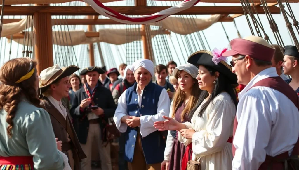 Generate an image of the Boston Tea Party Ships & Museum with people aboard, engaging in a historical reenactment.
