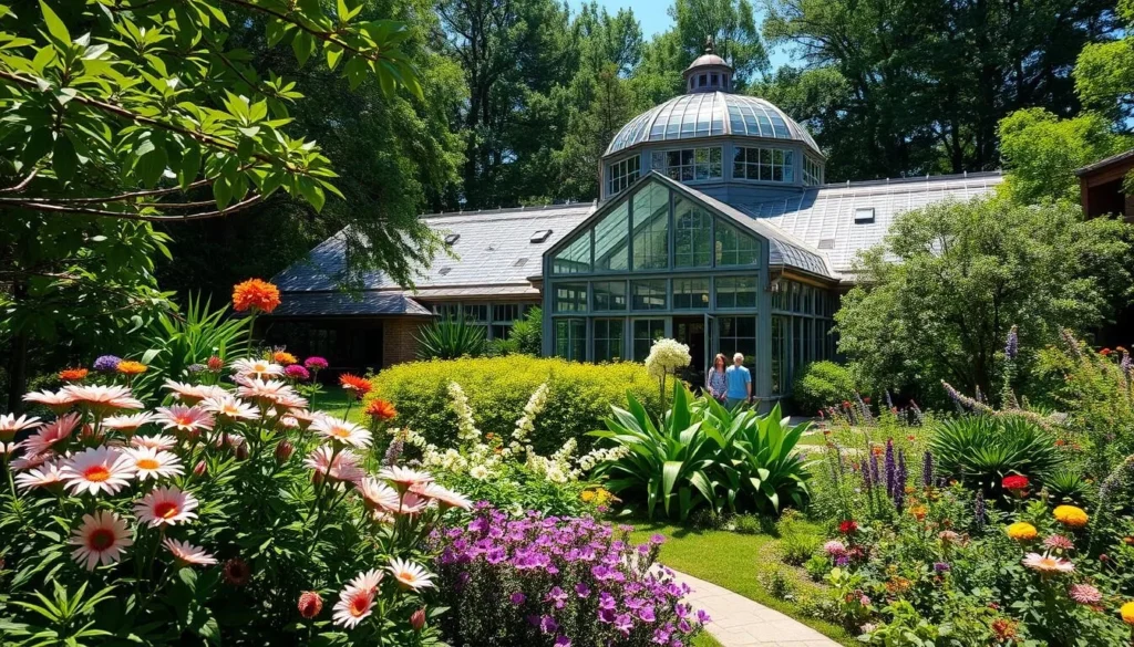 Generate an image of the Botanical Building surrounded by lush greenery and flowers.