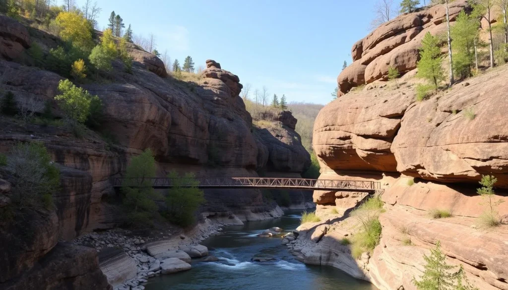 Generate an image of the Bowl and Pitcher rock formations with swinging bridges at Riverside State Park.