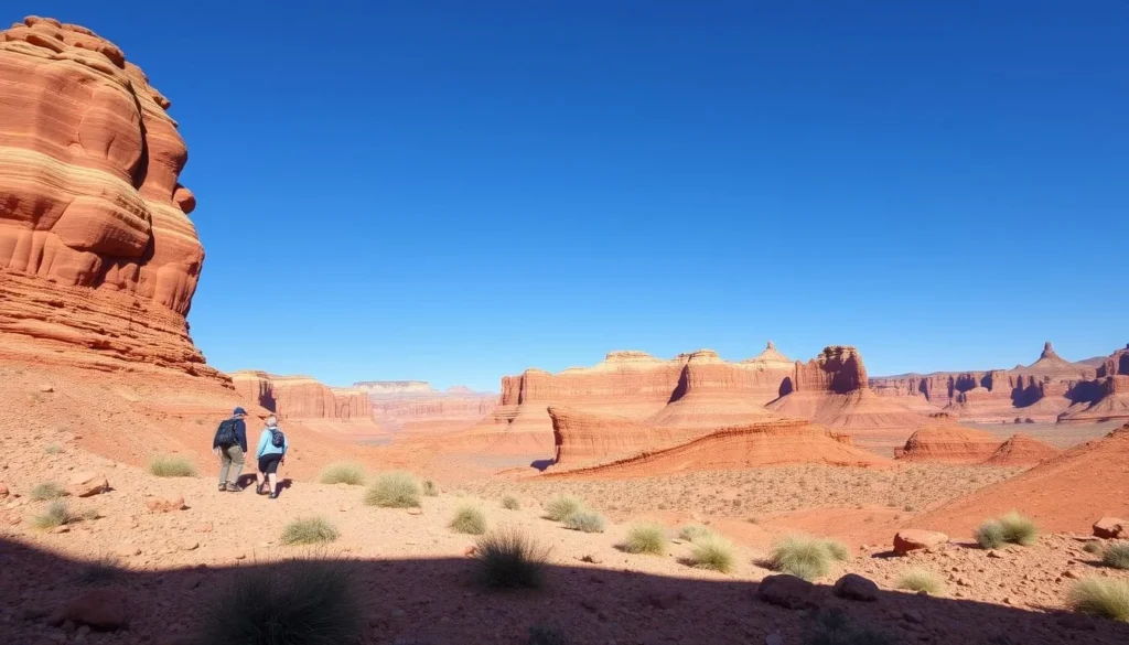 Generate an image of the Bowl of Fire's red rock formations with visitors hiking in the area.