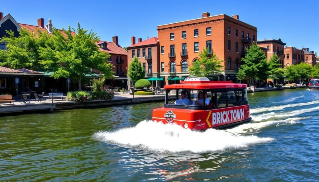 Generate an image of the Bricktown Water Taxi cruising through the canal.