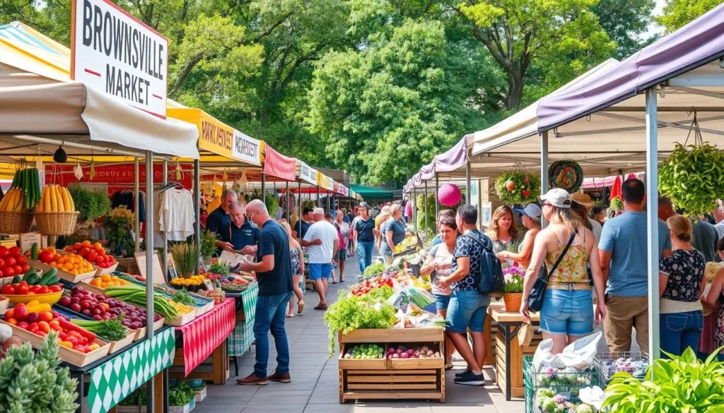Generate an image of the Brownsville Farmers' Market on a Saturday, with vibrant stalls selling local produce and handmade products.