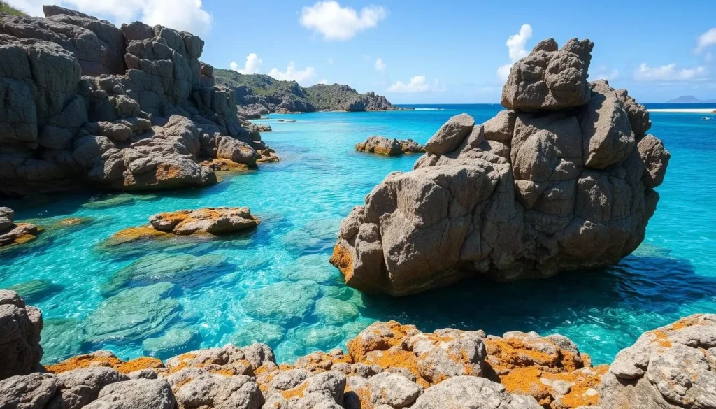 Generate an image of the Bubbly Pool on Jost Van Dyke, showcasing its natural beauty and the surrounding rugged coastline.