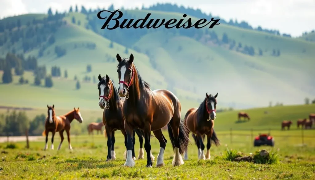Generate an image of the Budweiser Clydesdales at Warm Springs Ranch