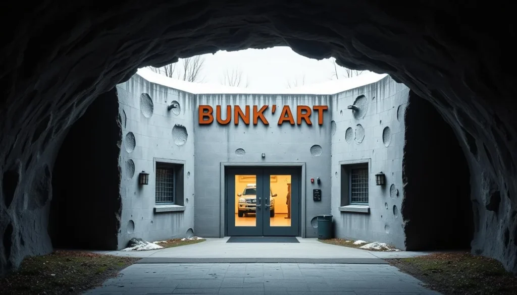 Generate an image of the Bunk'Art museum entrance, showcasing its underground location and Cold War-era architecture.