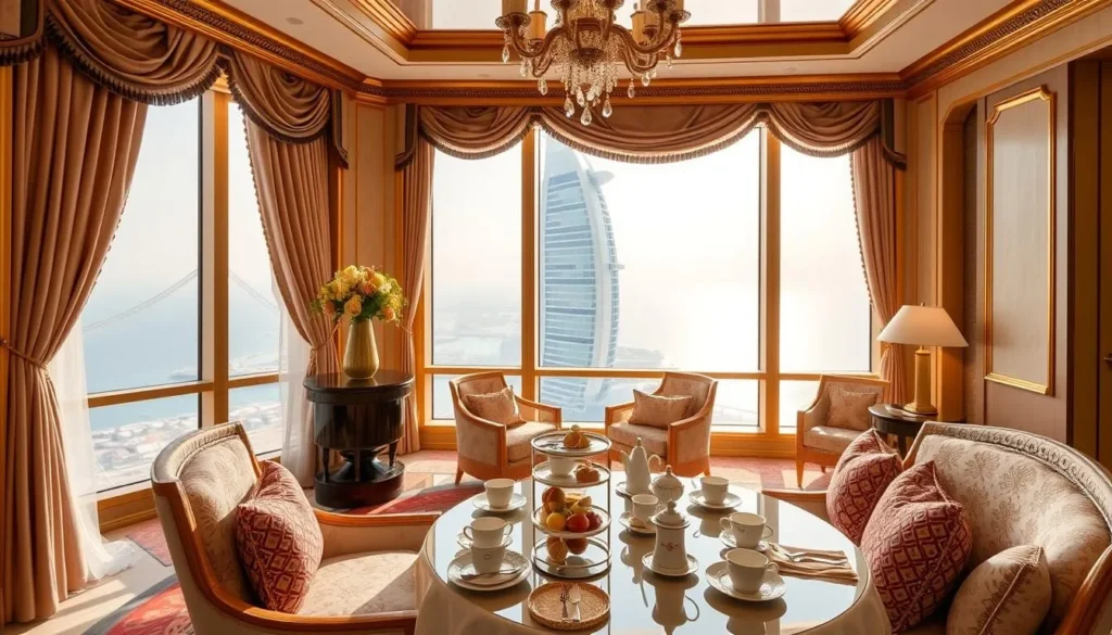 Generate an image of the Burj Al Arab's luxurious interior during afternoon tea.