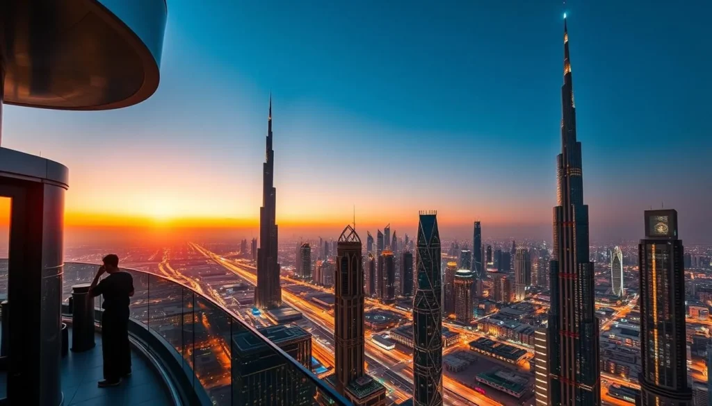 Generate an image of the Burj Khalifa's observation deck with a stunning view of Dubai's skyline.