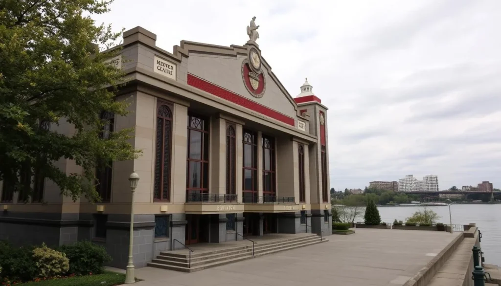 Generate an image of the Burlington Memorial Auditorium's Art Deco facade, highlighting its architectural details and riverside location.