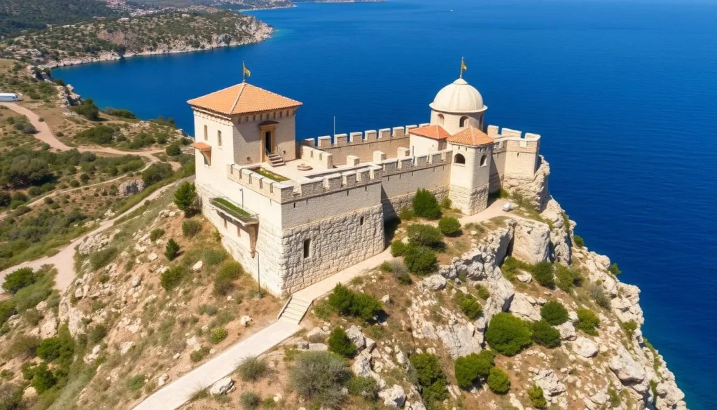 Generate an image of the Byzantine Castle of Angelokastro perched on a cliff on Corfu's west coast.