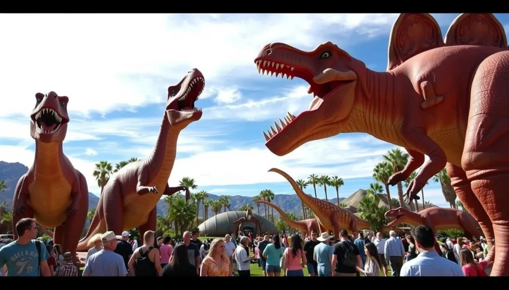Generate an image of the Cabazon Dinosaurs, with visitors in the foreground.