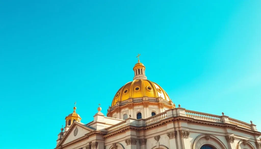 Generate an image of the Cádiz Cathedral's golden dome against a clear blue sky. Generate an image of the Cádiz Cathedral's golden dome against a clear blue sky.
