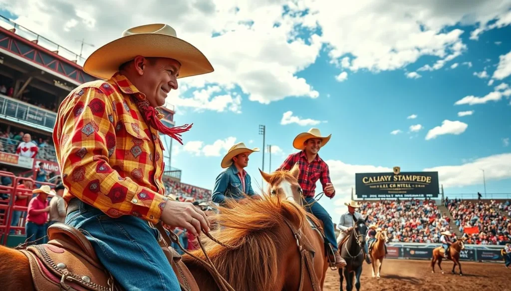 Generate an image of the Calgary Stampede rodeo event with cowboys and cowgirls.