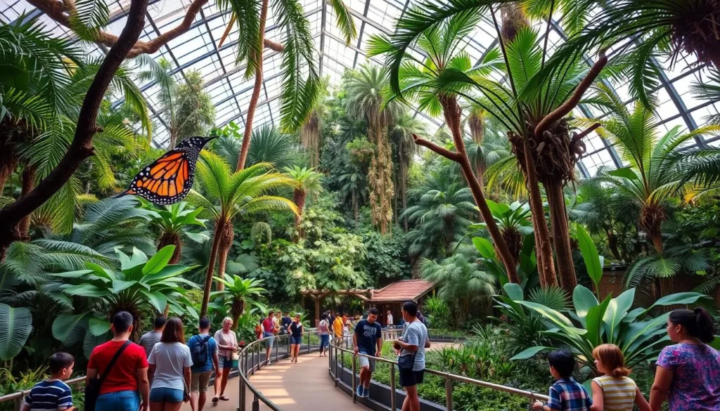 Generate an image of the California Academy of Sciences' indoor rainforest with diverse wildlife and visitors.