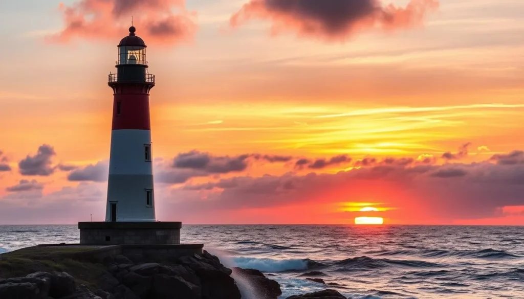 Generate an image of the California Lighthouse standing tall against a backdrop of a vibrant sunset.