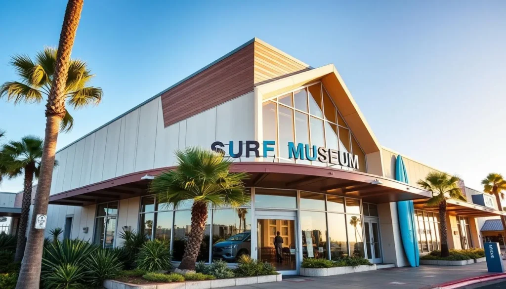 Generate an image of the California Surf Museum's exterior, showcasing its unique architecture and surroundings.
