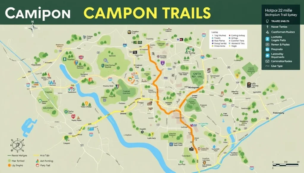 Generate an image of the Campion Trails map in Irving, Texas, showcasing its 22-mile trail system.