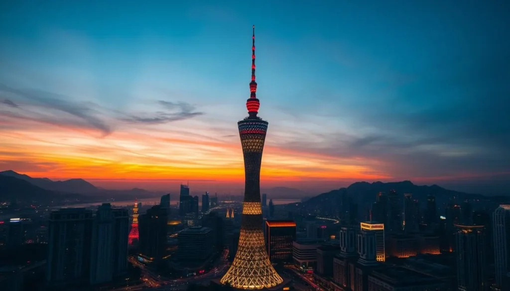 Generate an image of the Canton Tower at sunset with the city lights beginning to twinkle.