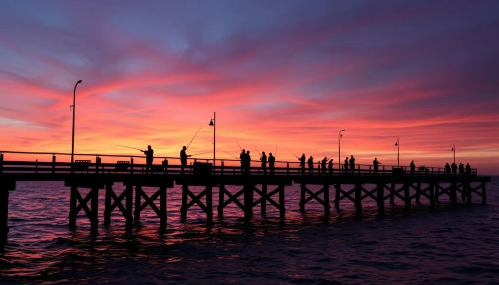 Generate an image of the Cape Charles fishing pier during sunset, with silhouettes of people fishing and a vibrant sky.