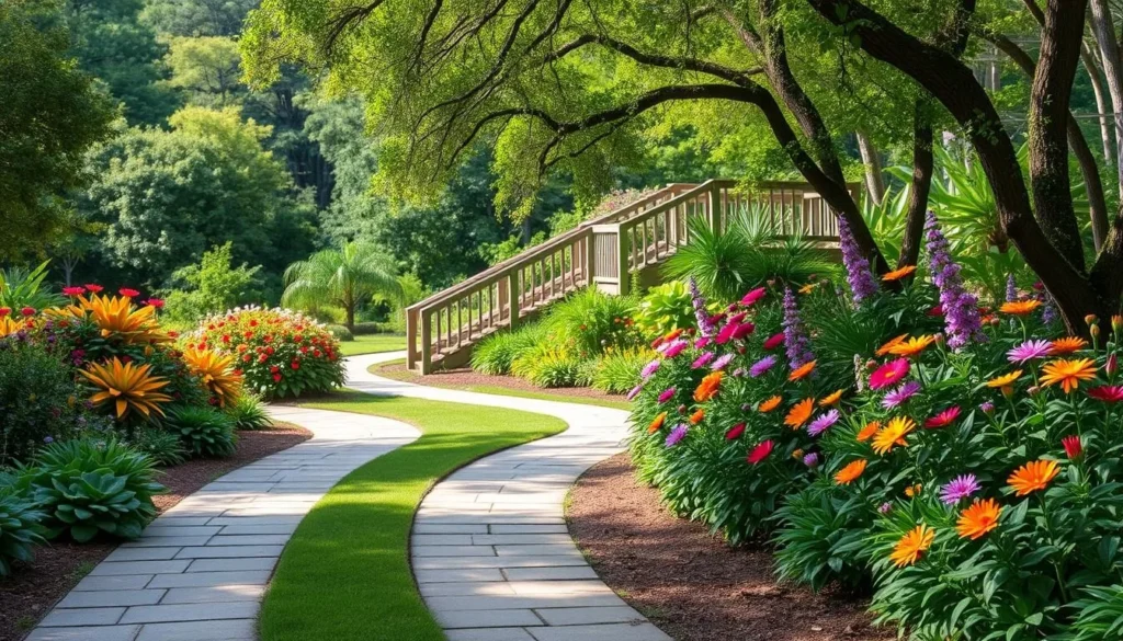 Generate an image of the Cape Fear Botanical Garden's serene pathways and lush gardens.