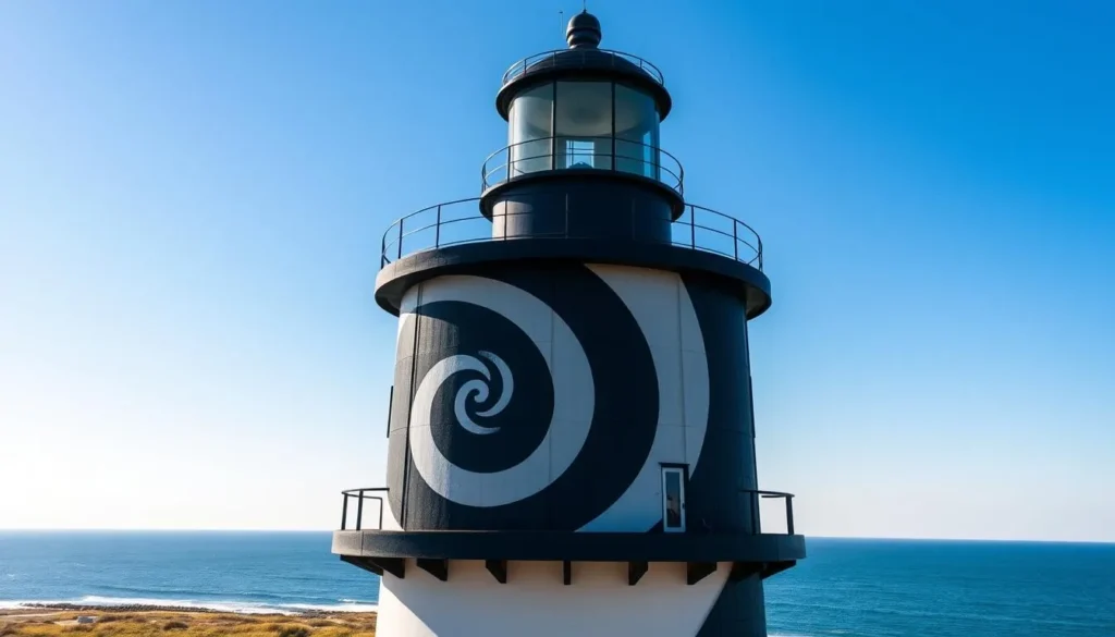 Generate an image of the Cape Hatteras Lighthouse with its distinctive black and white spiral design.