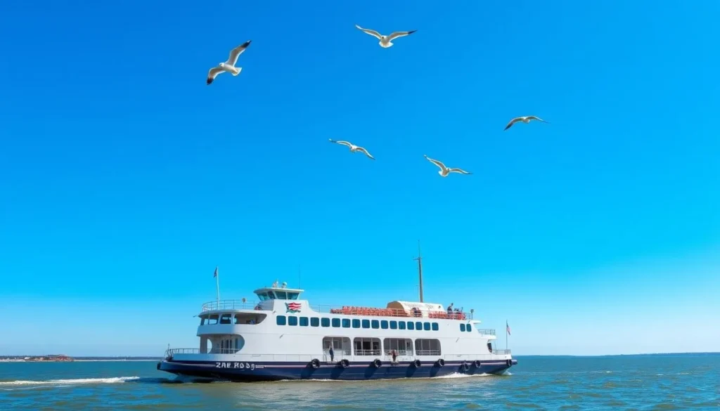Generate an image of the Cape May-Lewes Ferry sailing across the Delaware Bay with a clear blue sky and a few seagulls flying overhead.