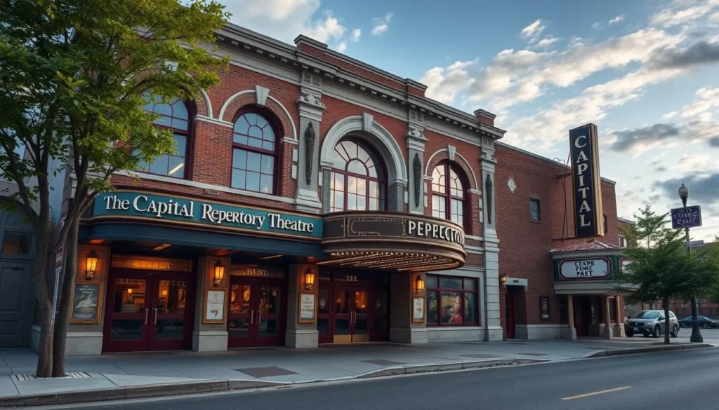 Generate an image of the Capital Repertory Theatre in Albany, New York, showcasing its intimate setting and professional productions.