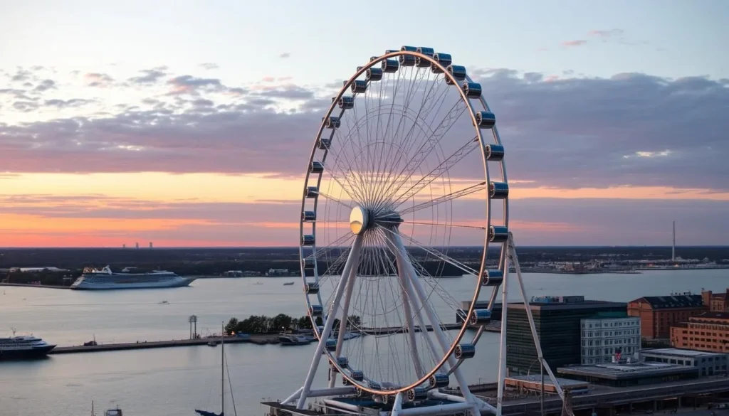 Generate an image of the Capital Wheel at National Harbor with a stunning view of the Potomac River.