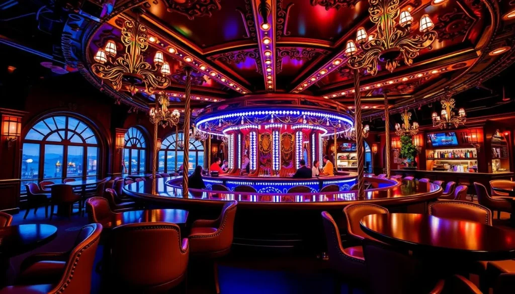 Generate an image of the Carousel Bar with its rotating seats and ornate fixtures.