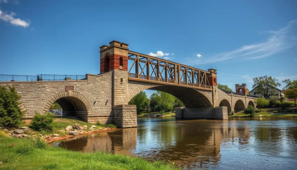 Generate an image of the Cascade Bridge in Burlington, Iowa, highlighting its historic significance and natural surroundings.