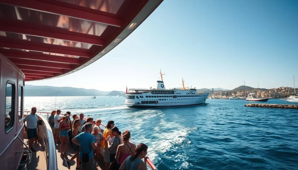 Generate an image of the Catalina Island ferry departing from Balboa Peninsula