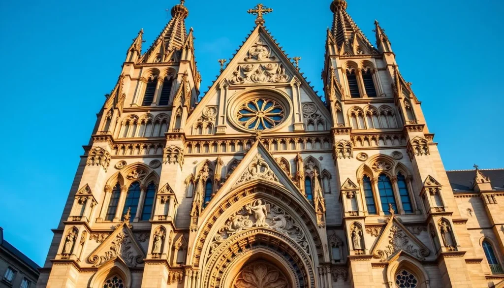 Generate an image of the Cathédrale Notre-Dame du Puy's facade, highlighting its Romanesque architecture.