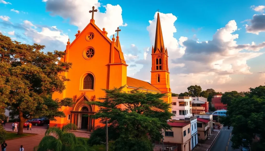 Generate an image of the Cathédrale de l'Immaculée-Conception de Ouagadougou, showcasing its distinctive orange façade and the surrounding environment. Generate an image of the Cathédrale de l'Immaculée-Conception de Ouagadougou, showcasing its distinctive orange façade and the surrounding environment.