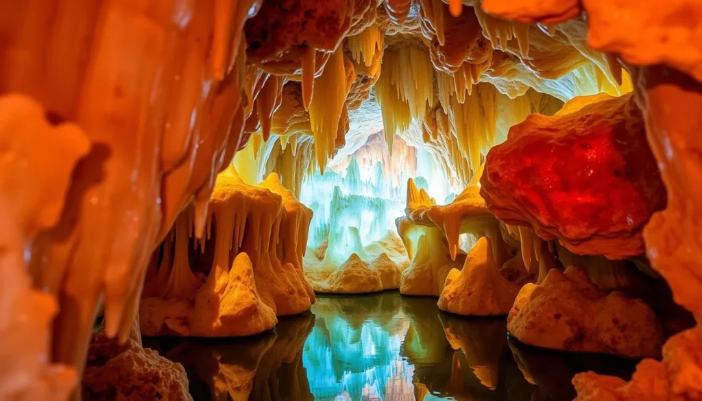Generate an image of the Cave of the Mounds' stunning crystal formations.