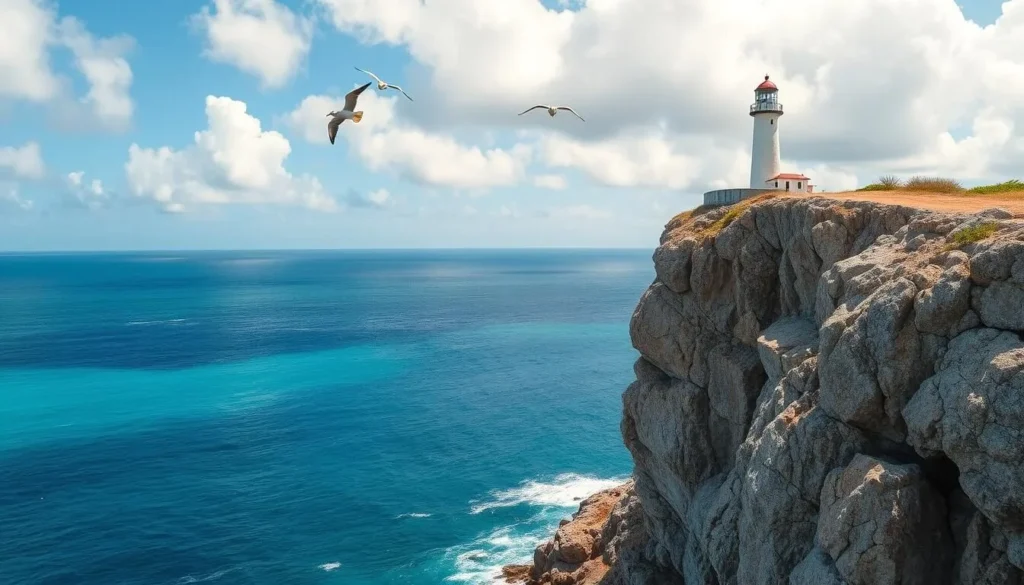 Generate an image of the Cayman Brac Lighthouse situated atop a rugged cliff with a clear blue sky and seabirds flying around.