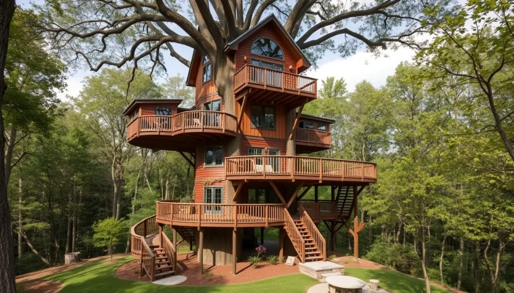 Generate an image of the Cayuga Nature Center's six-story treehouse