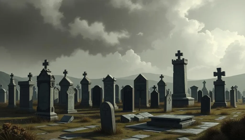 Generate an image of the Cemetery of Negativism with its distinctive tombstones.