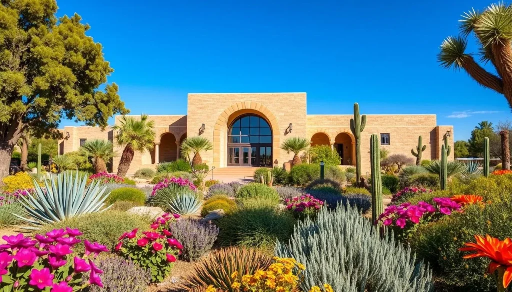Generate an image of the Centennial Museum surrounded by the Chihuahuan Desert Gardens.