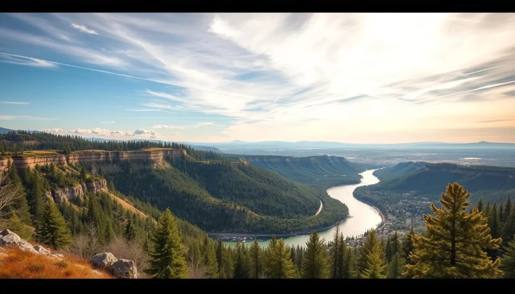Generate an image of the Centennial Trail with scenic overlooks and the Spokane River Gorge in the background.