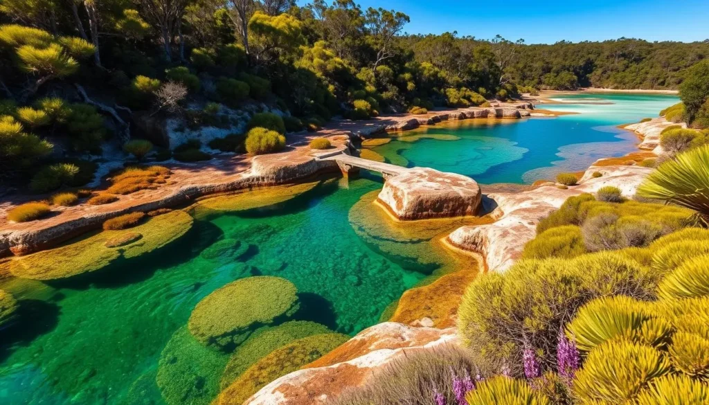 Generate an image of the Champagne Pools on Fraser Island, showcasing the natural rock pools and the surrounding landscape.
