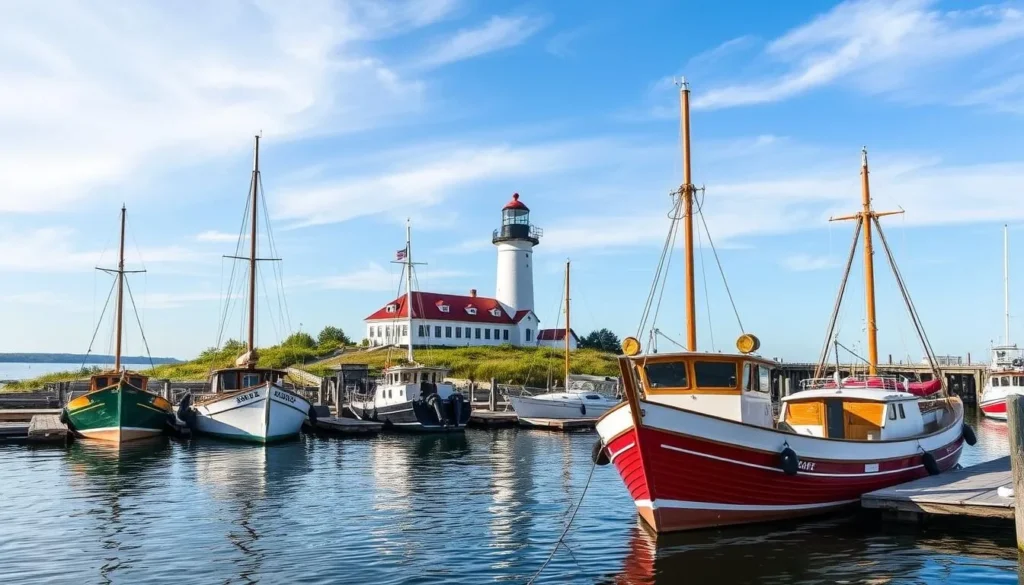 Generate an image of the Chesapeake Bay Maritime Museum's waterfront acres with historic watercraft and the Hooper Strait Lighthouse.