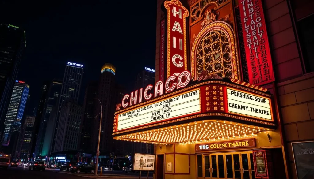 Generate an image of the Chicago Theatre's marquee at night.