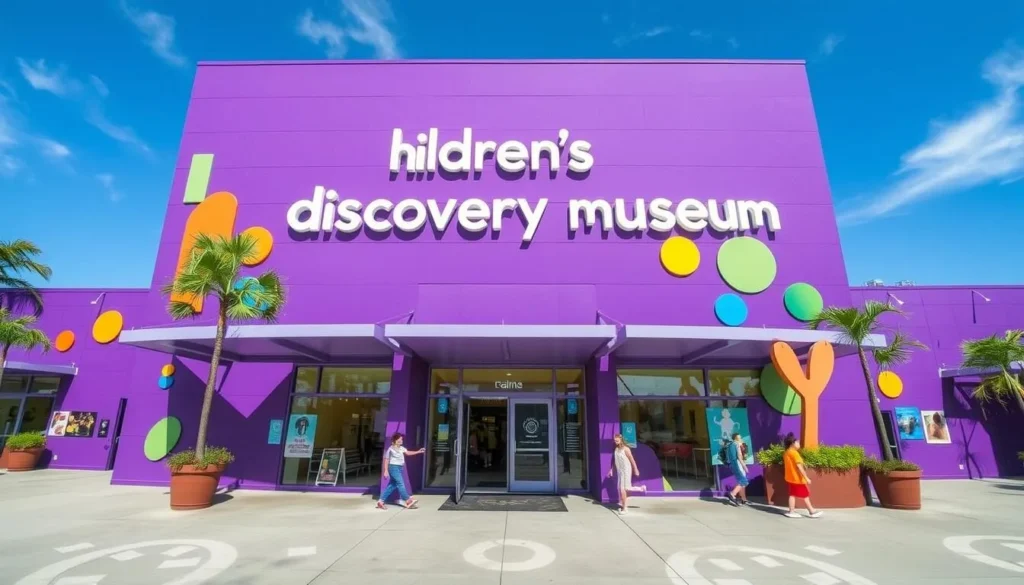 Generate an image of the Children's Discovery Museum in San Jose, showcasing its vibrant purple building and inviting entrance.