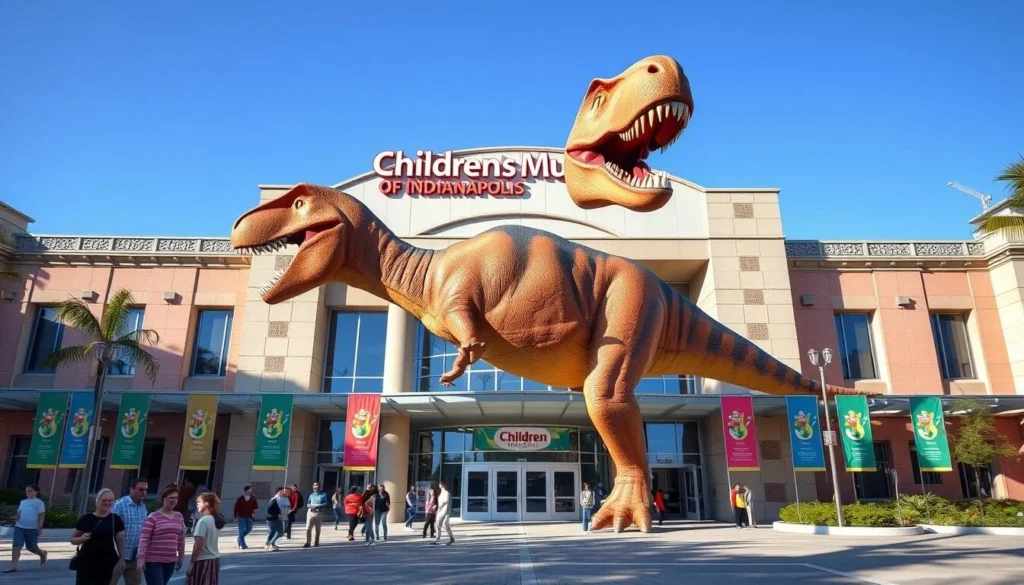 Generate an image of the Children's Museum of Indianapolis's grand entrance with a large dinosaur model.