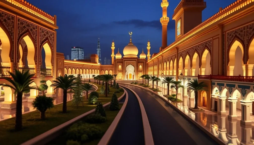Generate an image of the China-Arab Axis Landscape Avenue at night, showcasing its elegant Arabic corridors and miniature replicas of famous Arabic buildings.