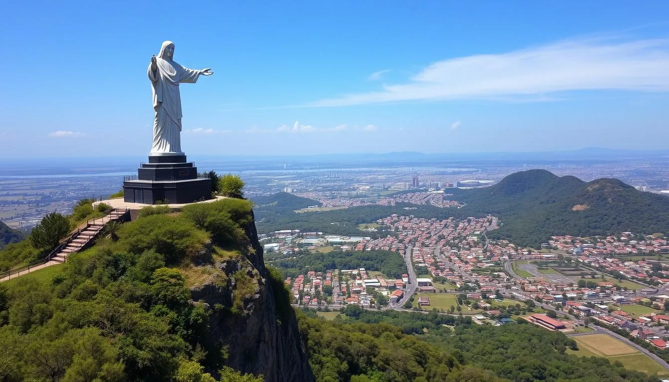 Generate an image of the Christ Statue in Lubango, Angola, standing on a cliff overlooking the city.