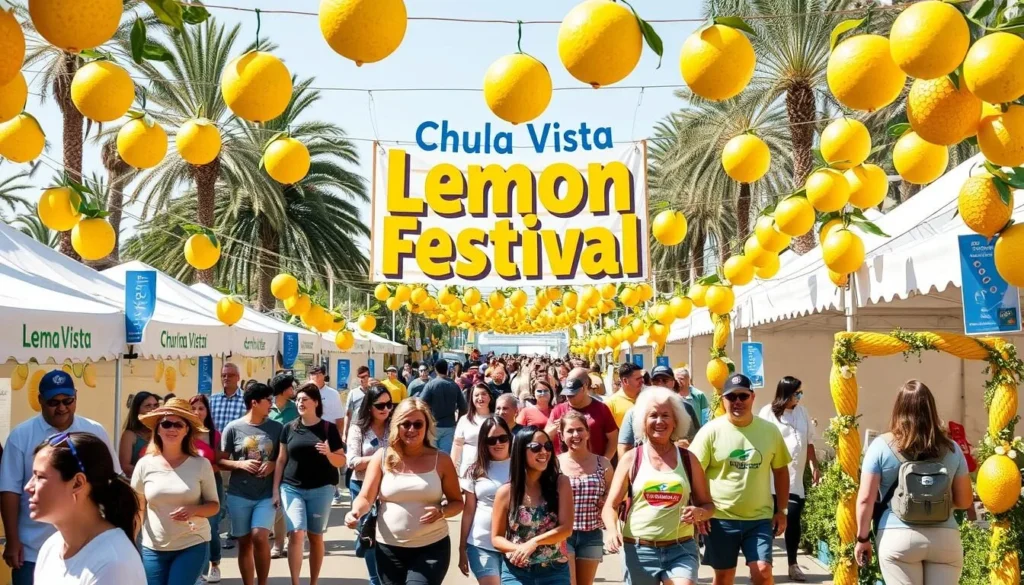 Generate an image of the Chula Vista Lemon Festival, showcasing a vibrant atmosphere with lemon-themed decorations and happy attendees.