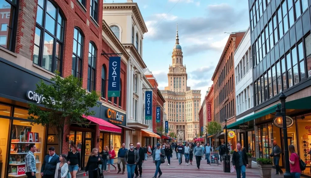 Generate an image of the City Center at White Plains, highlighting its downtown location and vibrant shopping environment.