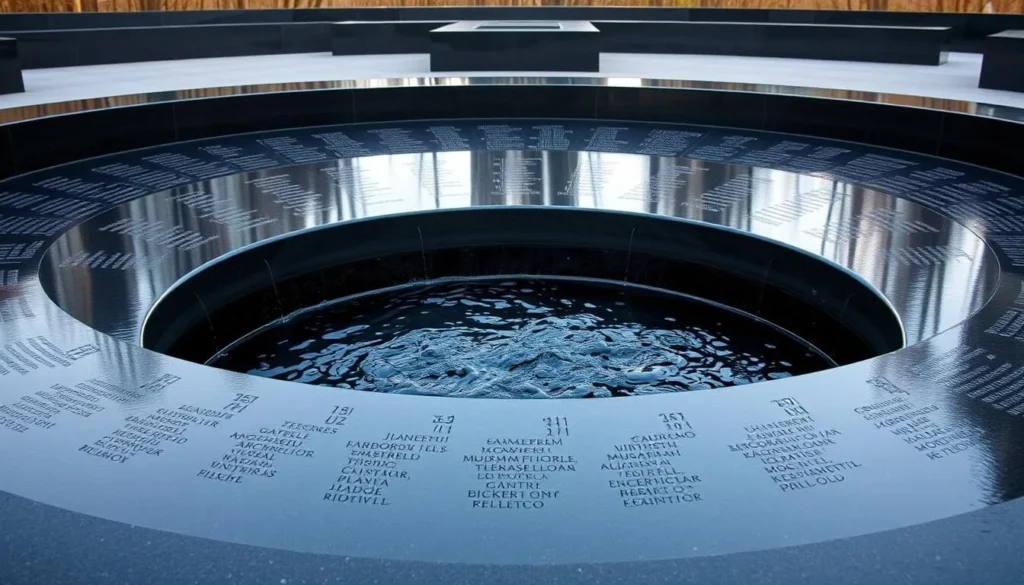 Generate an image of the Civil Rights Memorial Center, showcasing its circular black granite table with names inscribed and water flowing over it.