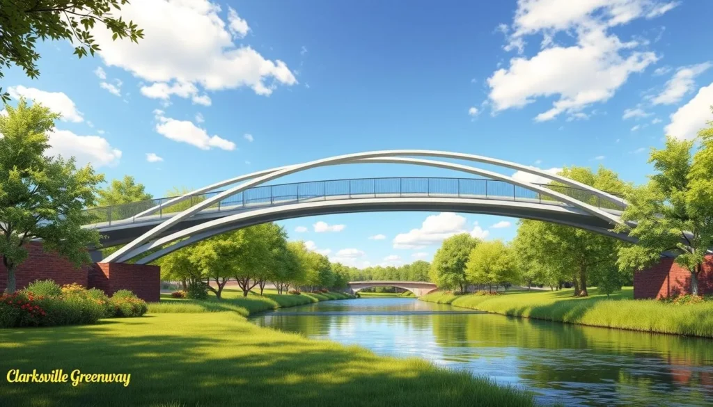 Generate an image of the Clarksville Greenway with a pedestrian bridge over a serene river.