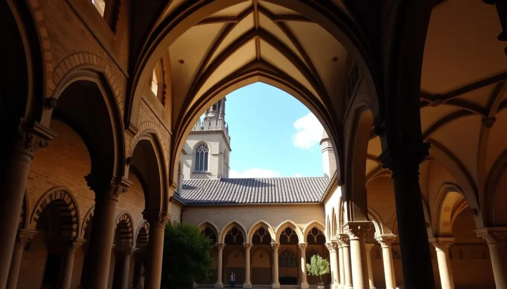 Generate an image of the Cloître de la Cathédrale, a serene 12th-century cloister adjacent to the cathedral, featuring Romanesque arches and intricate capitals.